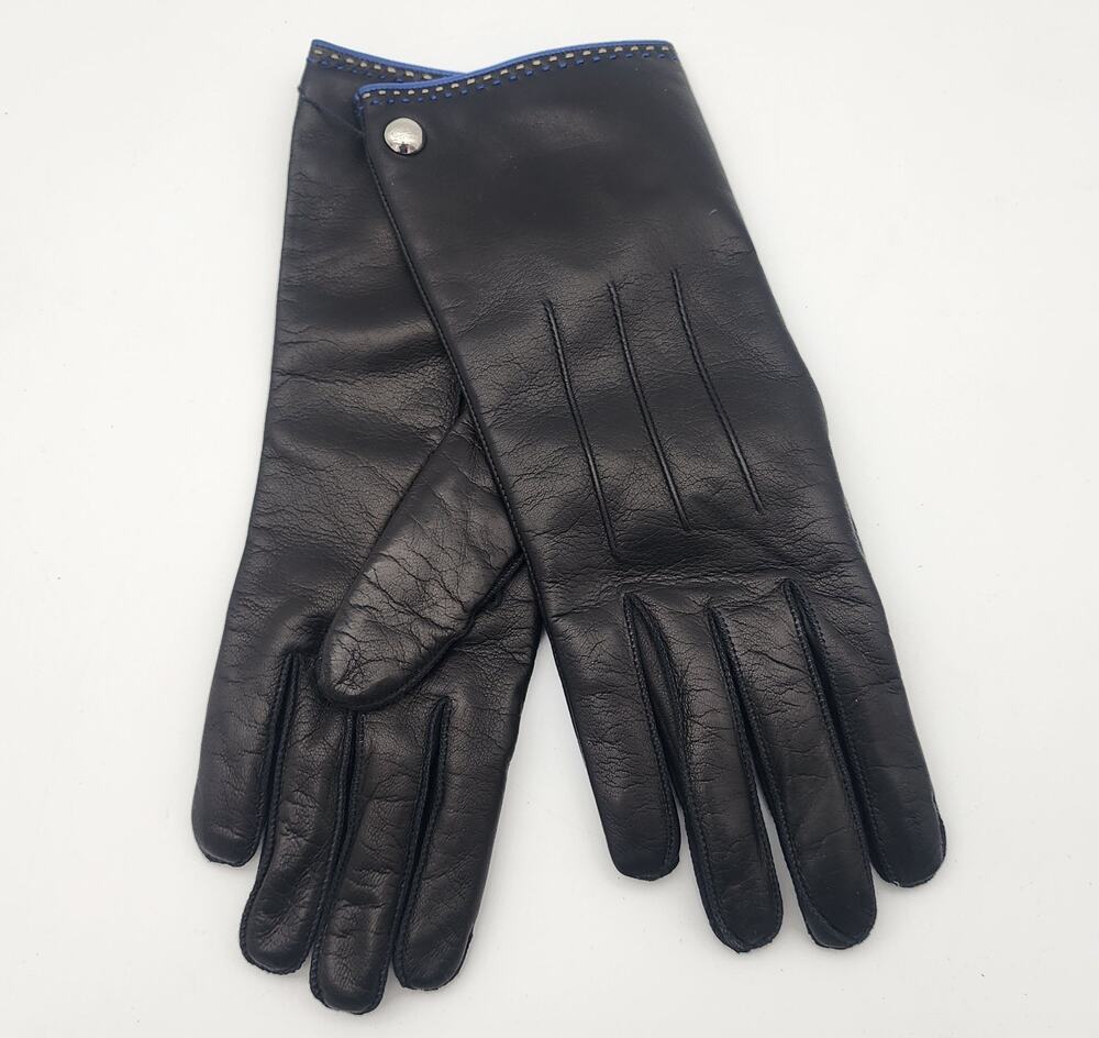NWT Coach Women's Leather Glove With Blue Trim 82821 Black Size 7.5
